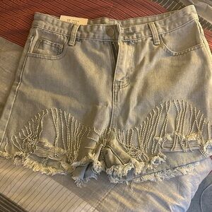 Stylish Gray Denim Shorts with Pearl Embellishments